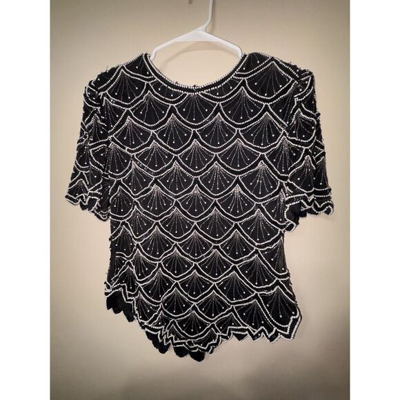 Womens Large Laurence Kazar New York Beaded‎ Top Black White Has Flaws - Picture 1 of 8